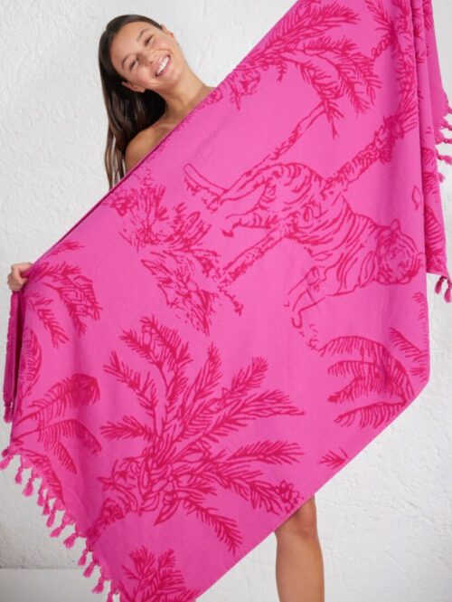 Telo mare in spugna di cotone, lavorazione jacquard con nappine e frange – NOIDINOTTE