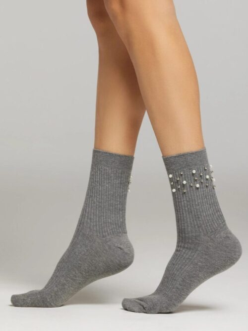Calzino medio donna in cotone a costina con applicazione perline articolo GENNY - POMPEA