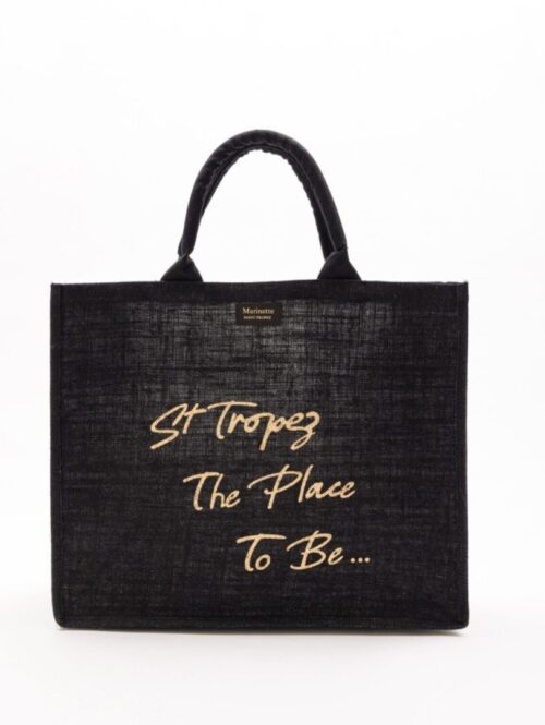 Borsa mare STELLA ST. TROPEZ THE PLACE TO BE..." in Juta Nera (Coord. pochette STELLA)  - MARINETTE"