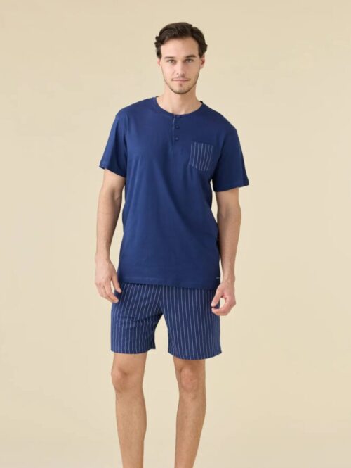 Pigiama uomo 3 pezzi estivo a serafino, manica corta, pantalone lungo e corto a righe – NOIDìNOTTE